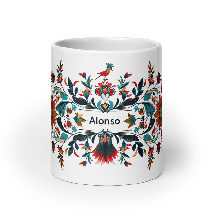 Alonso Exclusive Name Art Piece Home Office Work Coffee Mug Mexican Spanish Pride Gift Cup One-Of-A-Kind Calligraphy White Glossy Mug | A8 Mexicada