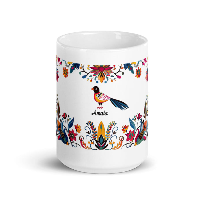 Amaia Exclusive Name Art Piece Home Office Work Coffee Mug Mexican Spanish Pride Gift Cup One-Of-A-Kind Calligraphy White Glossy Mug | A14 Mexicada