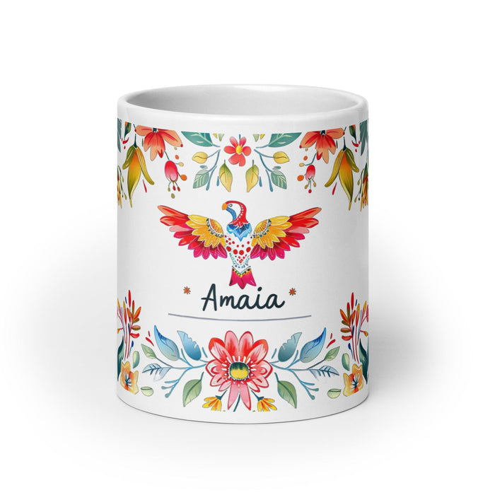 Amaia Exclusive Name Art Piece Home Office Work Coffee Mug Mexican Spanish Pride Gift Cup One-Of-A-Kind Calligraphy White Glossy Mug | A9 Mexicada