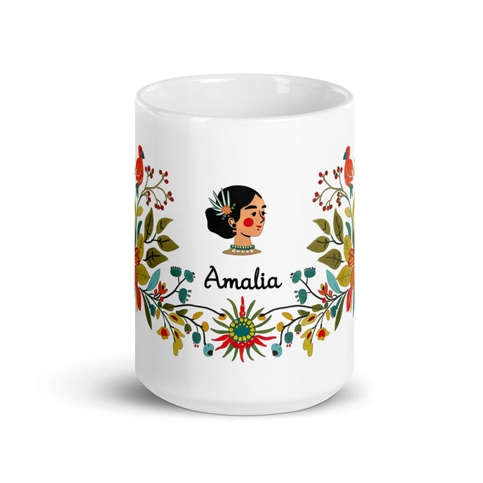 Amalia Exclusive Name Art Piece Home Office Work Coffee Mug Mexican Spanish Pride Gift Cup One - Of - A - Kind Calligraphy White Glossy Mug | A16 - Mexicada