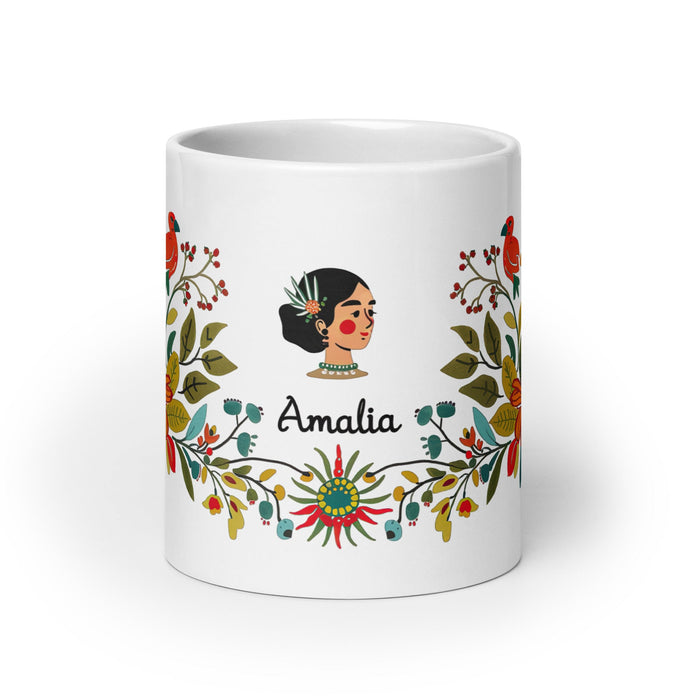 Amalia Exclusive Name Art Piece Home Office Work Coffee Mug Mexican Spanish Pride Gift Cup One - Of - A - Kind Calligraphy White Glossy Mug | A16 - Mexicada