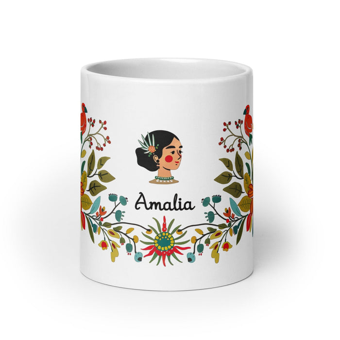 Amalia Exclusive Name Art Piece Home Office Work Coffee Mug Mexican Spanish Pride Gift Cup One-Of-A-Kind Calligraphy White Glossy Mug | A16 Mexicada