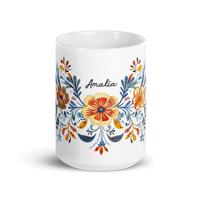 Amalia Exclusive Name Art Piece Home Office Work Coffee Mug Mexican Spanish Pride Gift Cup One - Of - A - Kind Calligraphy White Glossy Mug | A20 - Mexicada