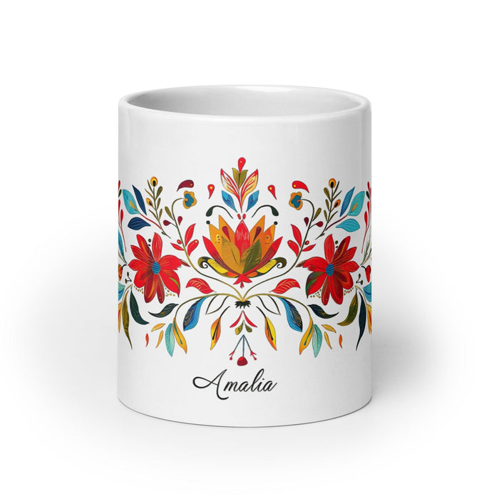 Amalia Exclusive Name Art Piece Home Office Work Coffee Mug Mexican Spanish Pride Gift Cup One-Of-A-Kind Calligraphy White Glossy Mug | A21 Mexicada