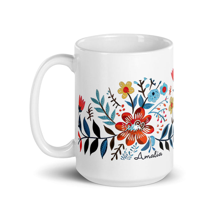 Amalia Exclusive Name Art Piece Home Office Work Coffee Mug Mexican Spanish Pride Gift Cup One - Of - A - Kind Calligraphy White Glossy Mug | A22 - Mexicada