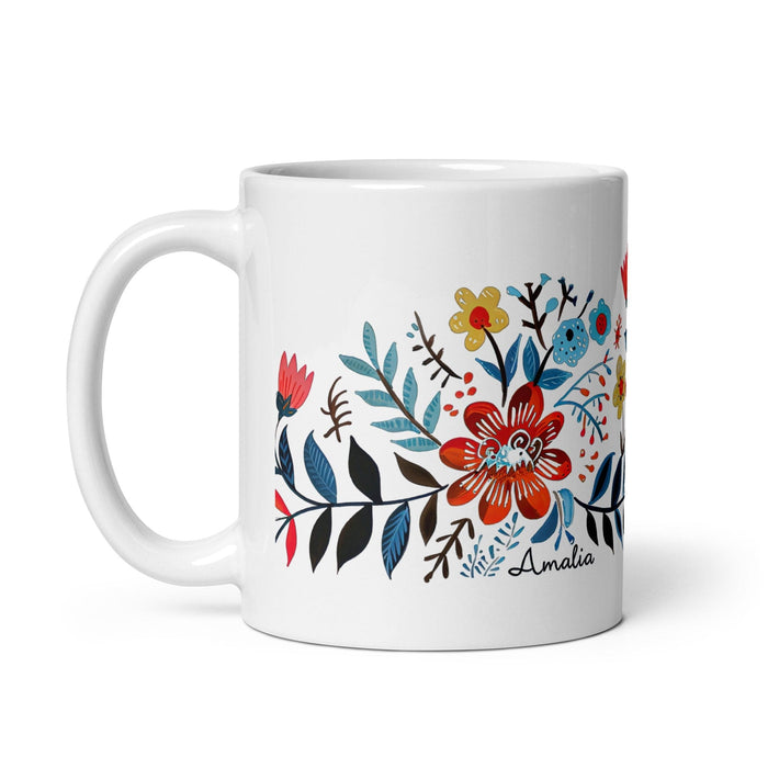 Amalia Exclusive Name Art Piece Home Office Work Coffee Mug Mexican Spanish Pride Gift Cup One-Of-A-Kind Calligraphy White Glossy Mug | A22 Mexicada