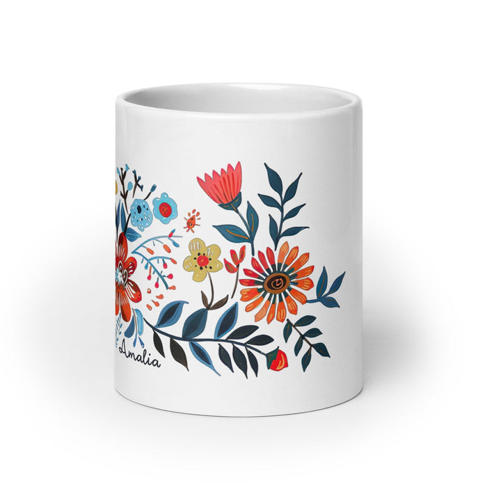 Amalia Exclusive Name Art Piece Home Office Work Coffee Mug Mexican Spanish Pride Gift Cup One-Of-A-Kind Calligraphy White Glossy Mug | A22 Mexicada