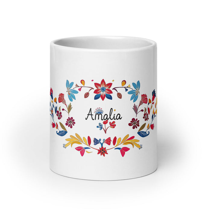 Amalia Exclusive Name Art Piece Home Office Work Coffee Mug Mexican Spanish Pride Gift Cup One - Of - A - Kind Calligraphy White Glossy Mug | A23 - Mexicada