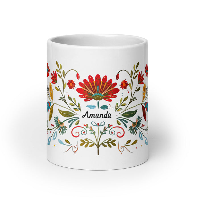 Amanda Exclusive Name Art Piece Home Office Work Coffee Mug Mexican Spanish Pride Gift Cup One - Of - A - Kind Calligraphy White Glossy Mug | A10 - Mexicada