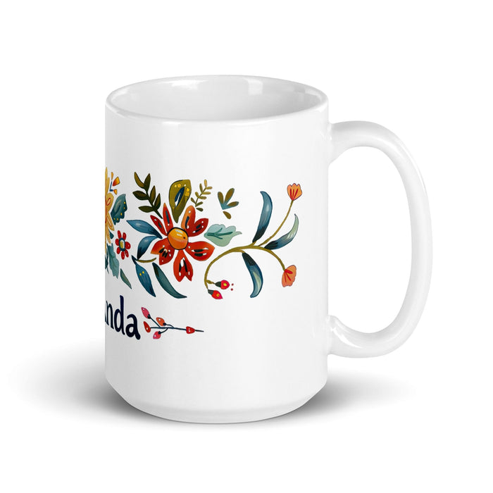 Amanda Exclusive Name Art Piece Home Office Work Coffee Mug Mexican Spanish Pride Gift Cup One-Of-A-Kind Calligraphy White Glossy Mug | A12 Mexicada 15 oz