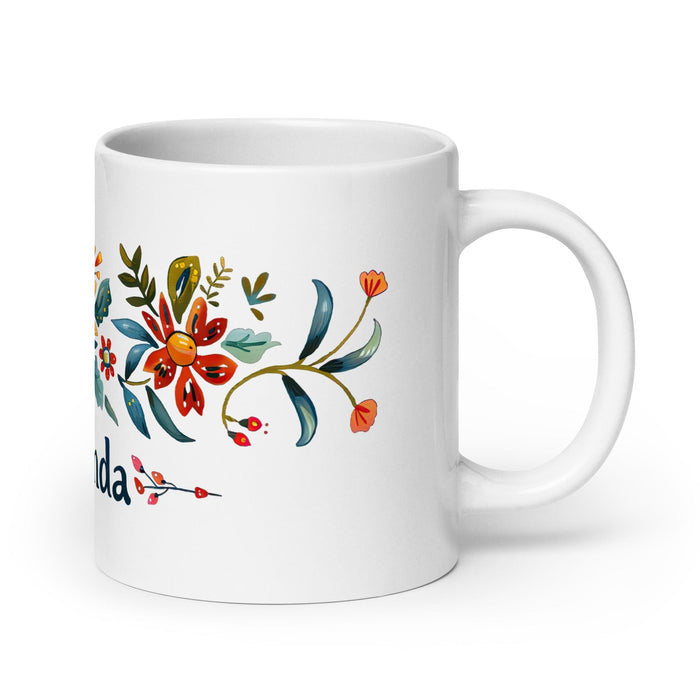 Amanda Exclusive Name Art Piece Home Office Work Coffee Mug Mexican Spanish Pride Gift Cup One-Of-A-Kind Calligraphy White Glossy Mug | A12 Mexicada 20 oz