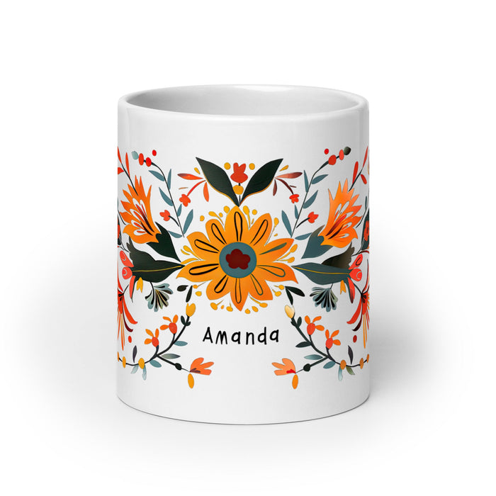 Amanda Exclusive Name Art Piece Home Office Work Coffee Mug Mexican Spanish Pride Gift Cup One - Of - A - Kind Calligraphy White Glossy Mug | A13 - Mexicada