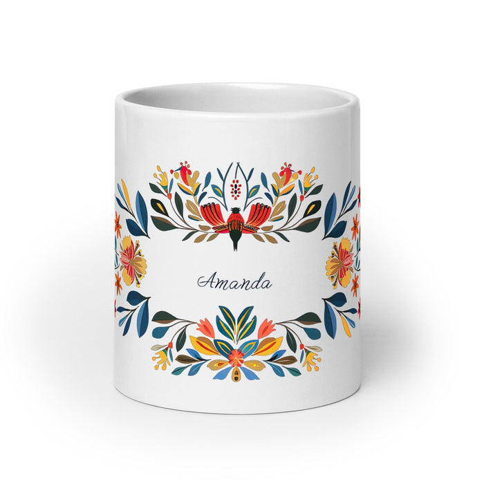 Amanda Exclusive Name Art Piece Home Office Work Coffee Mug Mexican Spanish Pride Gift Cup One-Of-A-Kind Calligraphy White Glossy Mug | A18 Mexicada