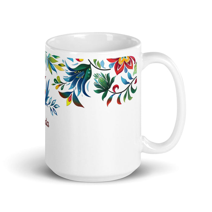 Amanda Exclusive Name Art Piece Home Office Work Coffee Mug Mexican Spanish Pride Gift Cup One-Of-A-Kind Calligraphy White Glossy Mug | A4 Mexicada 15 oz