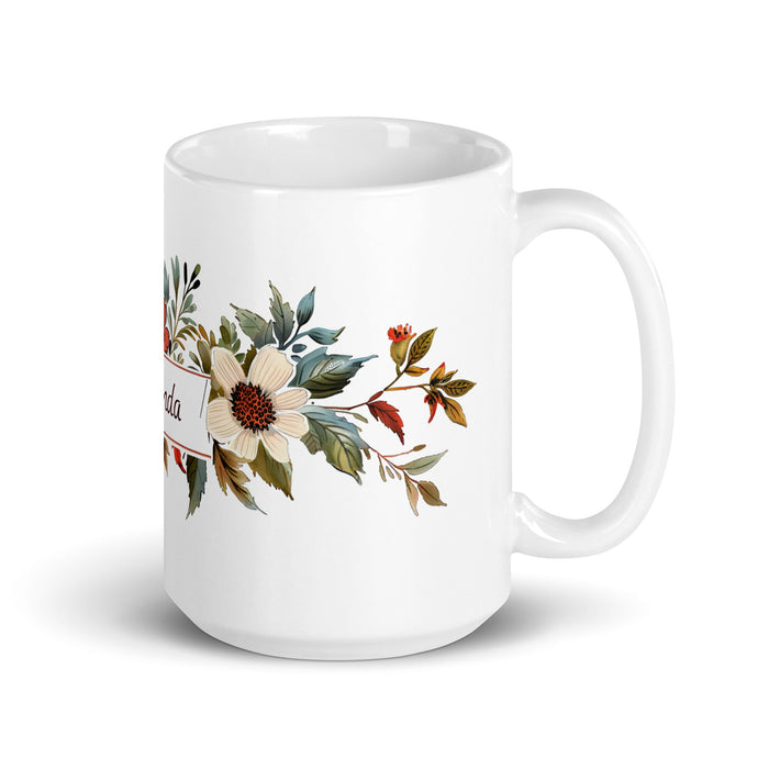 Amanda Exclusive Name Art Piece Home Office Work Coffee Mug Mexican Spanish Pride Gift Cup One - Of - A - Kind Calligraphy White Glossy Mug | A6 - Mexicada