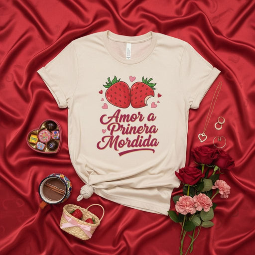 Amor a Primera Mordida Valentine's Day T-Shirt, Cute Strawberry Love Shirt, Spanish Pun Tee, Anniversary Gift, Couple Shirt for Him or Her, Día de San Valentín Mexicada