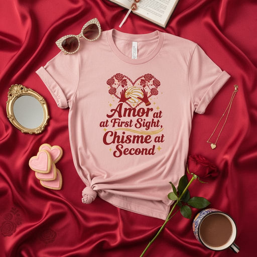 Amor at First Sight, Chisme at Second T-Shirt, Funny Love Gossip Tee, Spanish English Phrase, Valentine's Day Gift, Heart and Rose Graphic, Unisex Short Sleeve Shirt Mexicada