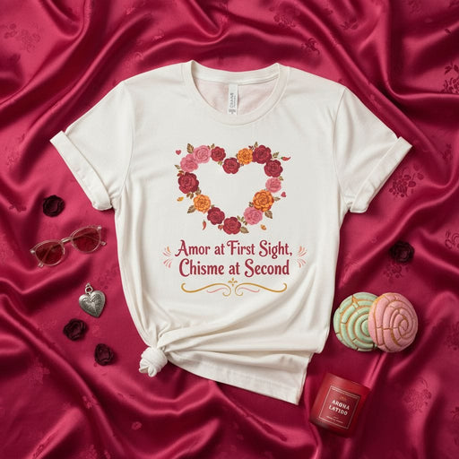 Amor at First Sight, Chisme at Second T-Shirt with Floral Heart Design, Funny Spanish-English Mixed Phrase Tee, Unisex Love and Gossip Shirt Gift Mexicada