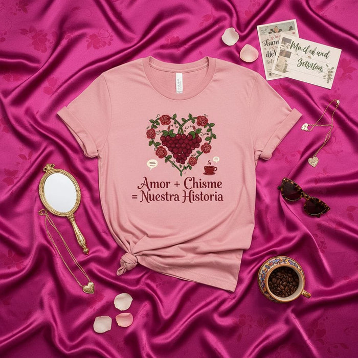 Amor + Chisme = Nuestra Historia T-Shirt, Spanish Quote Tee, Heart of Roses and Grapes Graphic, Latina Gift, Pink Unisex Shirt, Coffee Cup Detail Mexicada