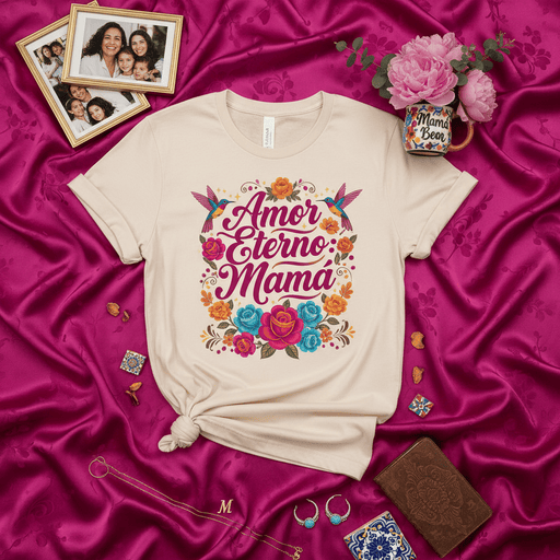 Amor Eterno Mama T-Shirt Floral Hummingbird Design, Mother's Day Gift Tee, Spanish Quote, Family Photo Frame Background, Women's/Unisex Softstyle Shirt Mexicada