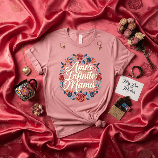 Amor Infinito Mamá Camiseta Día de las Madres, Playera Rosada con Diseño Floral Círculo, Regalo para Mamá Española, Infinita Love Mom T-Shirt Spanish Mother's Day Gift Idea Mexicada