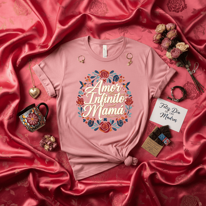 Amor Infinito Mamá Camiseta Día de las Madres, Playera Rosada con Diseño Floral Círculo, Regalo para Mamá Española, Infinita Love Mom T-Shirt Spanish Mother's Day Gift Idea Mexicada