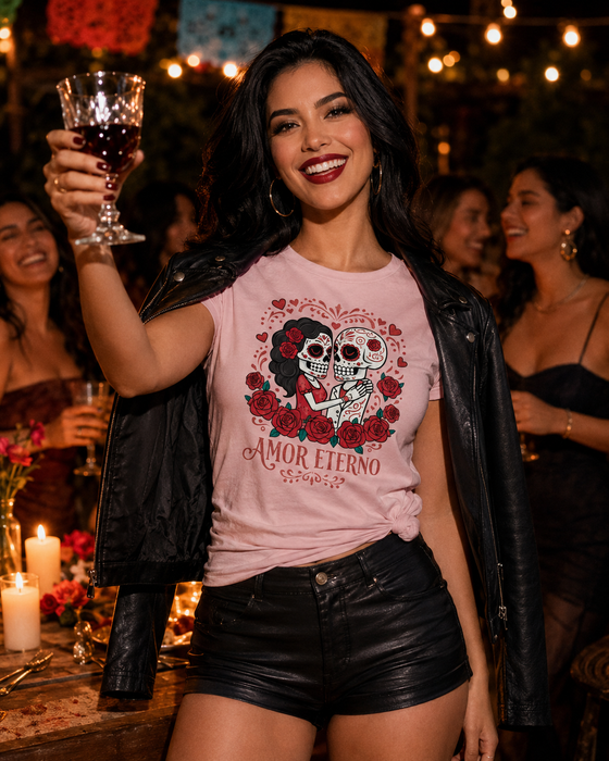 T-shirt Couple Jour des Morts Amor Eterno - T-shirt Calavera Tête de Mort, Design Amour Dia de los Muertos, Chemise Culture Mexicaine, Cadeau Unisexe