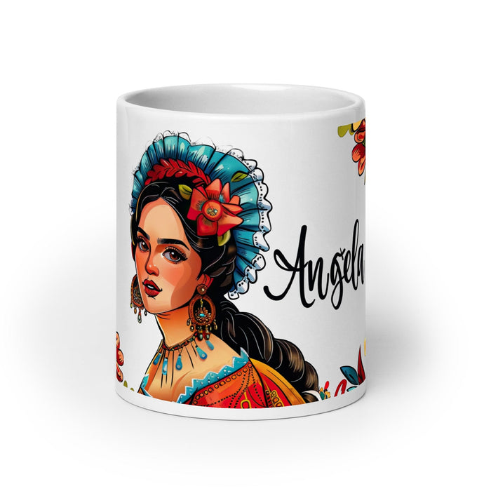 Ángela Exclusive Name Art Piece Home Office Work Coffee Mug Mexican Spanish Pride Gift Cup One-Of-A-Kind Calligraphy White Glossy Mug | Á2 Mexicada