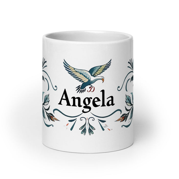 Ángela Exclusive Name Art Piece Home Office Work Coffee Mug Mexican Spanish Pride Gift Cup One-Of-A-Kind Calligraphy White Glossy Mug | Á22 Mexicada