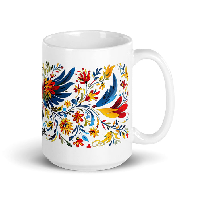 Ángela Exclusive Name Art Piece Home Office Work Coffee Mug Mexican Spanish Pride Gift Cup One-Of-A-Kind Calligraphy White Glossy Mug | Á28 Mexicada 15 oz