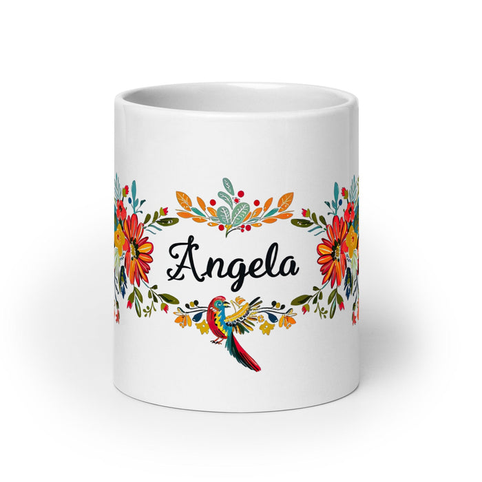 Ángela Exclusive Name Art Piece Home Office Work Coffee Mug Mexican Spanish Pride Gift Cup One-Of-A-Kind Calligraphy White Glossy Mug | Á3 Mexicada