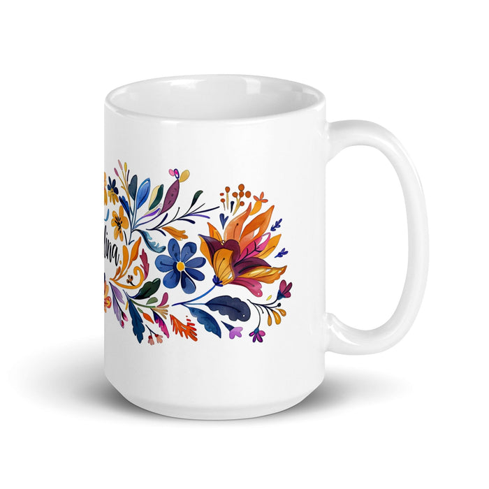 Angelina Exclusive Name Art Piece Home Office Work Coffee Mug Mexican Spanish Pride Gift Cup One-Of-A-Kind Calligraphy White Glossy Mug | A3 Mexicada 15 oz