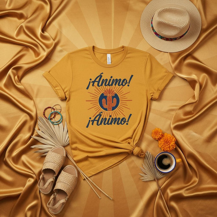 ¡Ánimo! ¡Ánimo! Inspirational Spanish Quote T-Shirt, Desert Cactus Graphic Tee, Yellow Unisex Motivational Shirt, Latinx Vibe Apparel Mexicada
