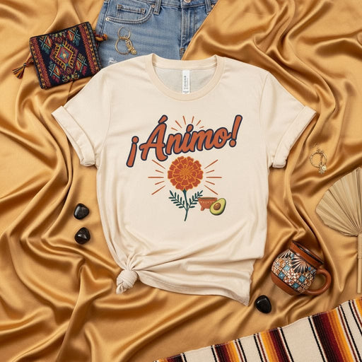 ¡Ánimo! Marigold Flower Guacamole T-Shirt, Unisex Spanish Phrase Graphic Tee, Día de Muertos Inspired Fiesta Shirt, Cultural Apparel Mexicada