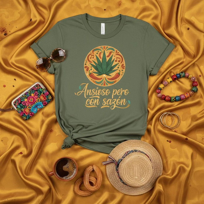 Ansioso pero con sazón T-Shirt, Cannabis Leaf Mexican Design, Sazón Spice, Funny Anxiety Shirt, Unisex Spanish Quote Tee, Weed Chili Pepper Music Folk Art Style Shirt Mexicada