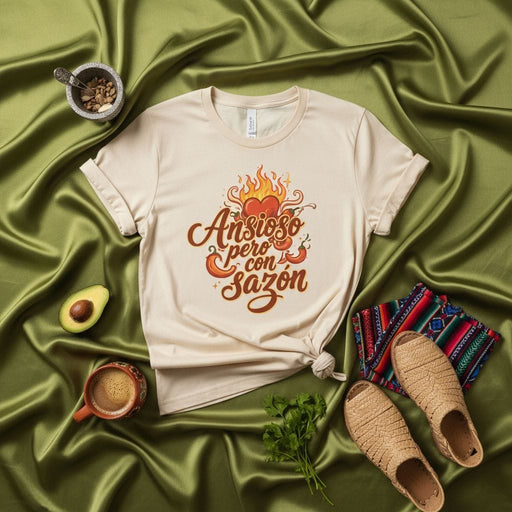 Ansioso Pero Con Sazón T-Shirt, Spicy Heart on Fire, Latinx Anxiety and Flavor Tee, Spanish Quote Shirt, Cute Chili Pepper Graphic, Unisex Gift Mexicada