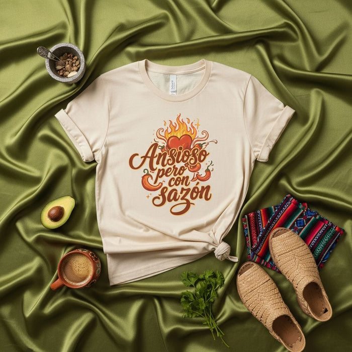 Ansioso Pero Con Sazón T-Shirt, Spicy Heart on Fire, Latinx Anxiety and Flavor Tee, Spanish Quote Shirt, Cute Chili Pepper Graphic, Unisex Gift Mexicada