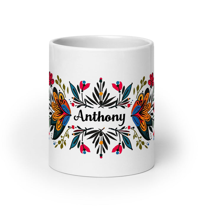 Anthony Exclusive Name Art Piece Home Office Work Coffee Mug Mexican Spanish Pride Gift Cup One - Of - A - Kind Calligraphy White Glossy Mug | A6 - Mexicada