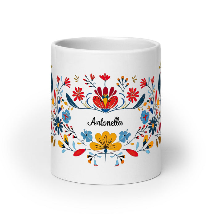 Antonella Exclusive Name Art Piece Home Office Work Coffee Mug Mexican Spanish Pride Gift Cup One-Of-A-Kind Calligraphy White Glossy Mug | A4 Mexicada