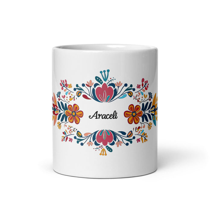 Araceli Exclusive Name Art Piece Home Office Work Coffee Mug Mexican Spanish Pride Gift Cup One - Of - A - Kind Calligraphy White Glossy Mug | A17 - Mexicada