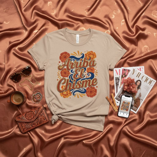 Arriba El Chisme T-Shirt, Funny Spanish Gossip Tee, Retro Floral Marigold Design, Mexican American Cultural Gift, Día de Muertos Inspired Shirt, Unisex Casual Wear, Short Sleeve Graphic Top Mexicada