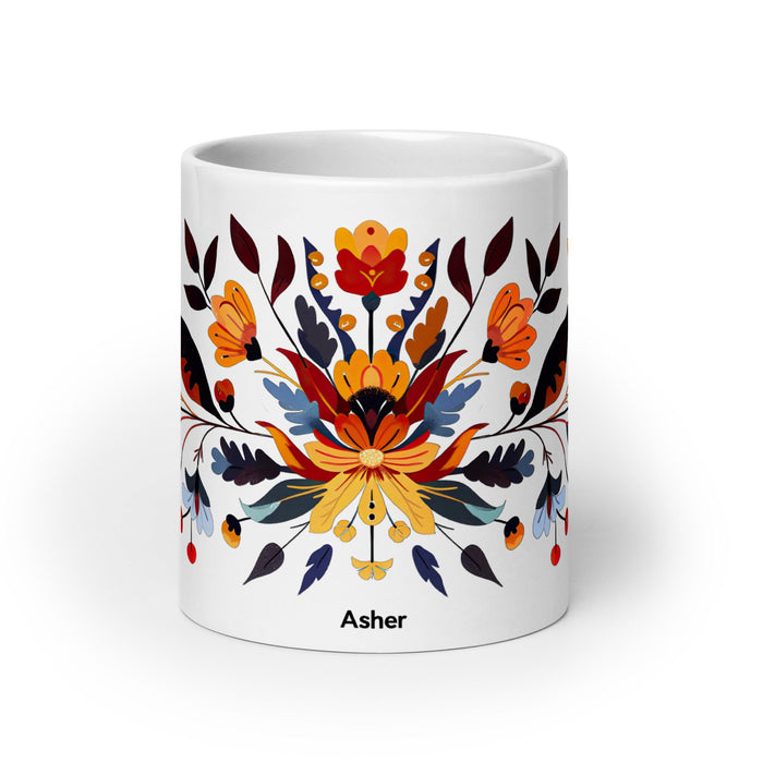 Asher Exclusive Name Art Piece Home Office Work Coffee Mug Mexican Spanish Pride Gift Cup One - Of - A - Kind Calligraphy White Glossy Mug | A20 - Mexicada