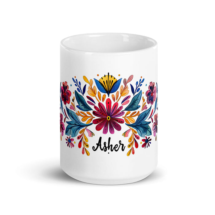 Asher Exclusive Name Art Piece Home Office Work Coffee Mug Mexican Spanish Pride Gift Cup One - Of - A - Kind Calligraphy White Glossy Mug | A26 - Mexicada