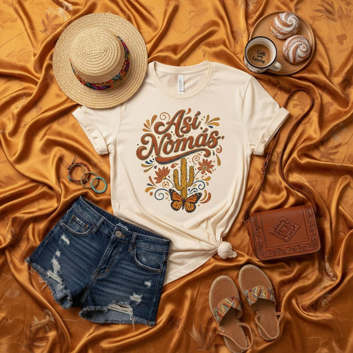 Así Nomás Shirt, Retro Groovy Desert Southwest T-Shirt, Vintage Boho Cactus Butterfly Tee, Casual Graphic Summer Vacation Top, Spanish Phrase Gift for Her/Him Mexicada