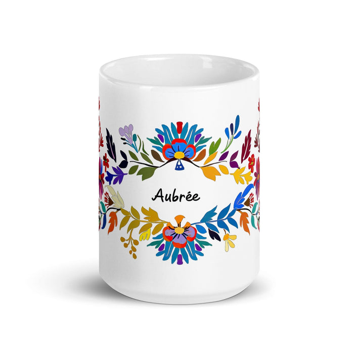 Aubree Exclusive Name Art Piece Home Office Work Coffee Mug Mexican Spanish Pride Gift Cup One-Of-A-Kind Calligraphy White Glossy Mug | A10 Mexicada