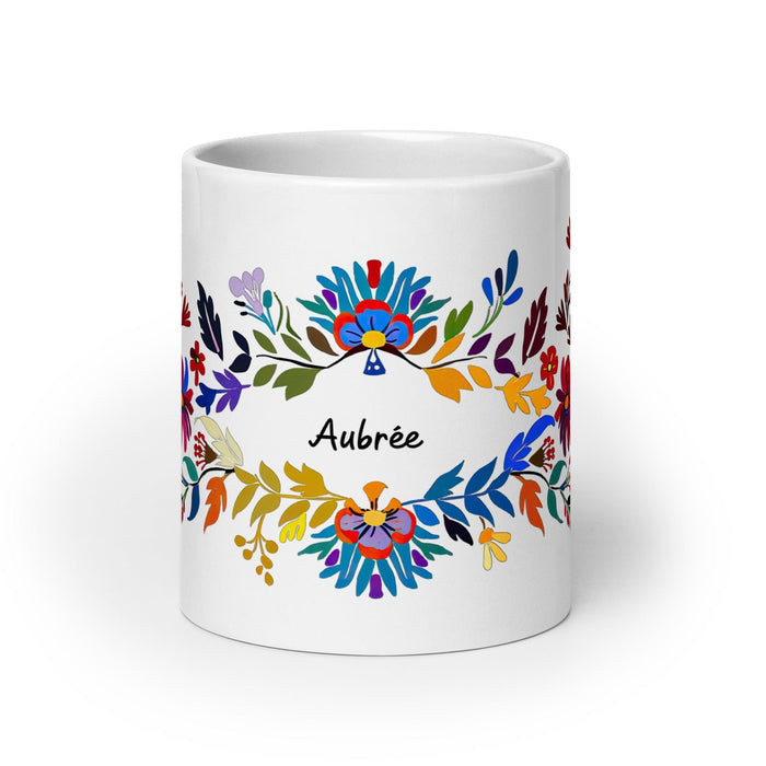 Aubree Exclusive Name Art Piece Home Office Work Coffee Mug Mexican Spanish Pride Gift Cup One-Of-A-Kind Calligraphy White Glossy Mug | A10 Mexicada