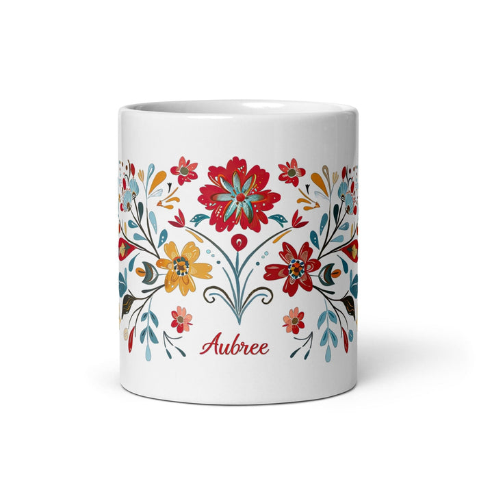 Aubree Exclusive Name Art Piece Home Office Work Coffee Mug Mexican Spanish Pride Gift Cup One-Of-A-Kind Calligraphy White Glossy Mug | A11 Mexicada