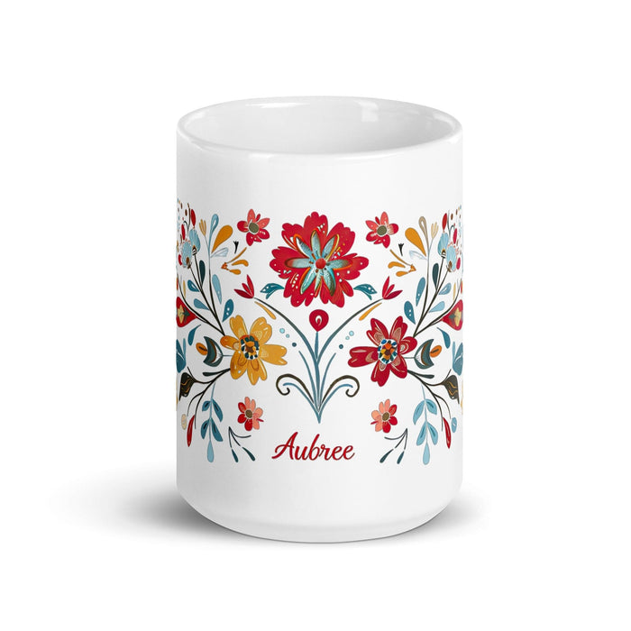 Aubree Exclusive Name Art Piece Home Office Work Coffee Mug Mexican Spanish Pride Gift Cup One-Of-A-Kind Calligraphy White Glossy Mug | A11 Mexicada