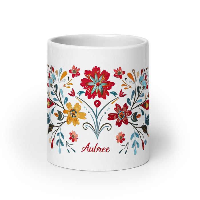 Aubree Exclusive Name Art Piece Home Office Work Coffee Mug Mexican Spanish Pride Gift Cup One-Of-A-Kind Calligraphy White Glossy Mug | A11 Mexicada