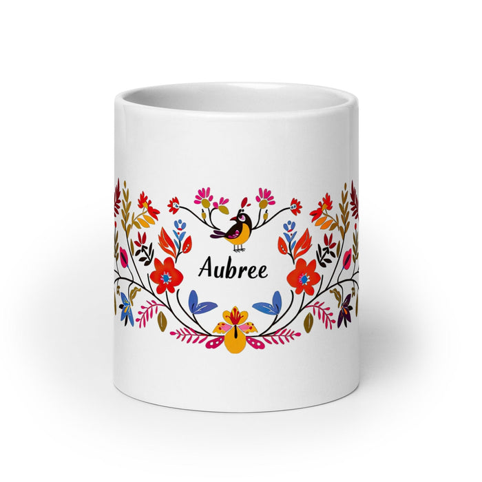 Aubree Exclusive Name Art Piece Home Office Work Coffee Mug Mexican Spanish Pride Gift Cup One-Of-A-Kind Calligraphy White Glossy Mug | A13 Mexicada